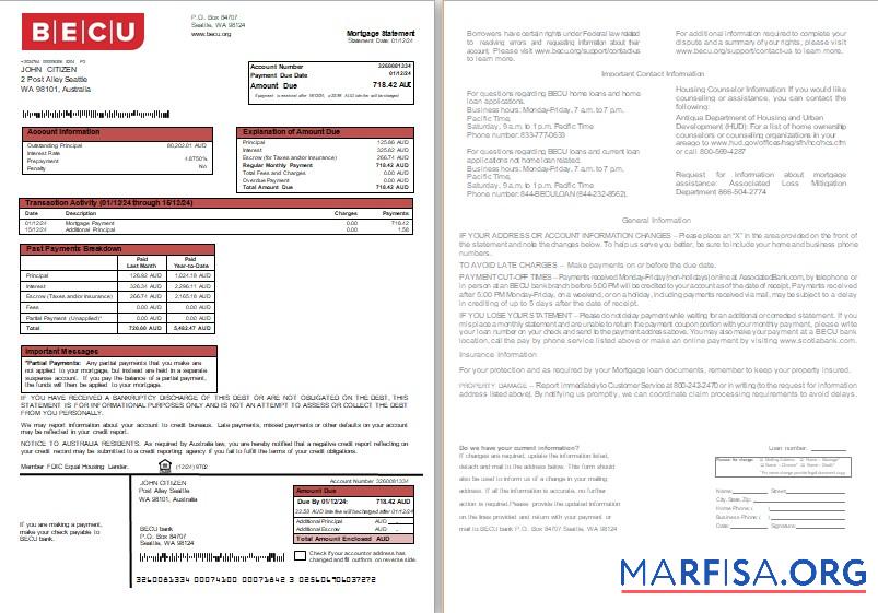 Realistic Australia BECU bank mortgage statement, 2 pages, 1 2 scr download for verification